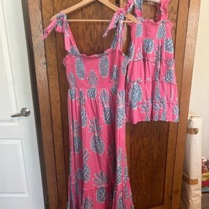 Mommy and Me matching Pink and Blue Pineapple Print Maxi Dress Set